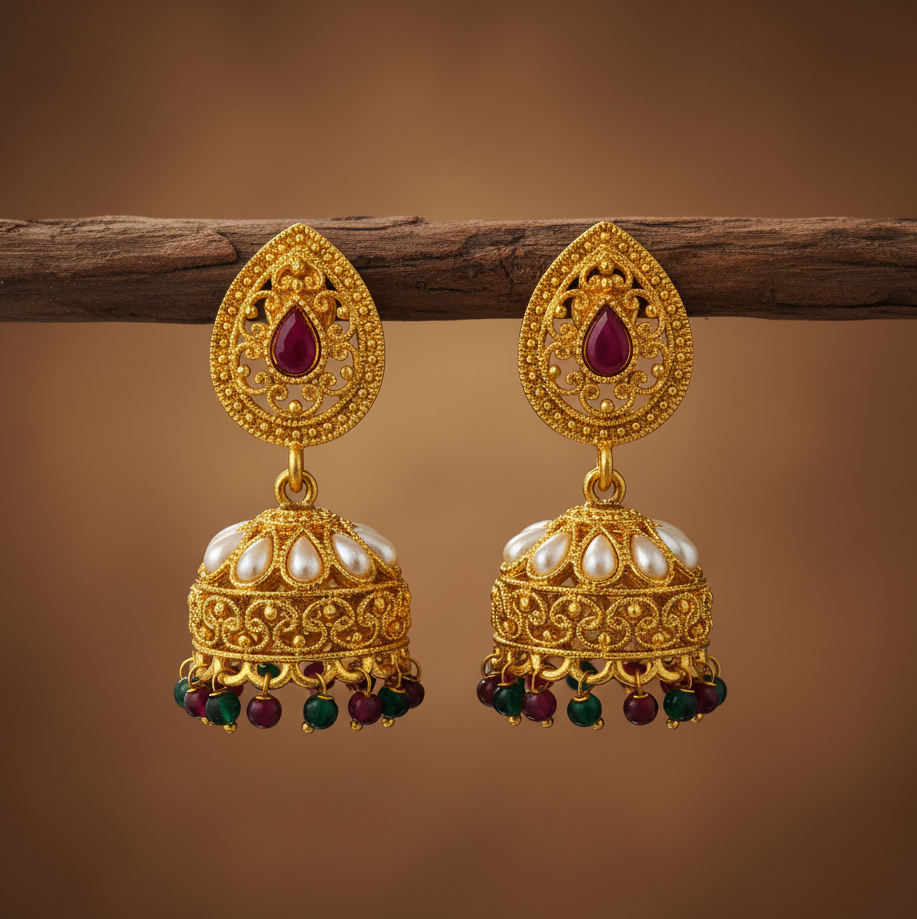 Jazz and Sizzle Gold Plated Ethnic Earrings with Pearl Beaded & Drops Jhumka Earrings