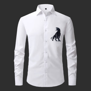White shirt with black lion emblem on a black background