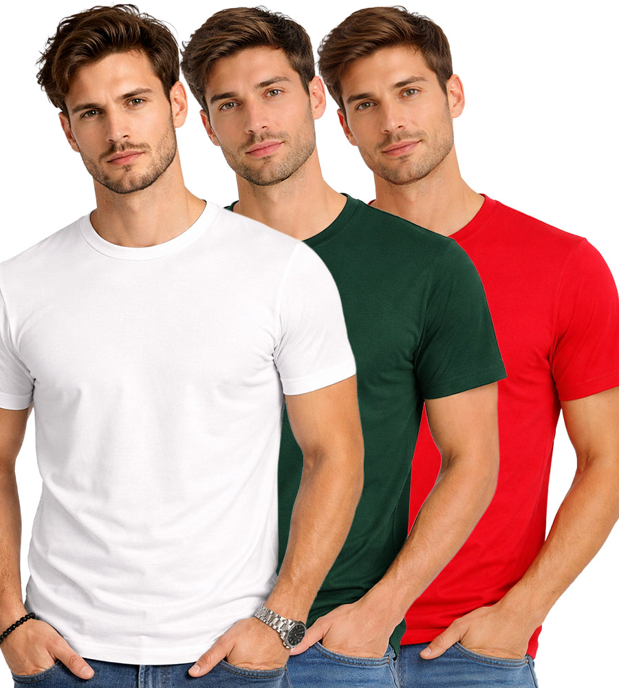 White, Bottle Green & Red Round Neck Plain T-shirt Pack of 3