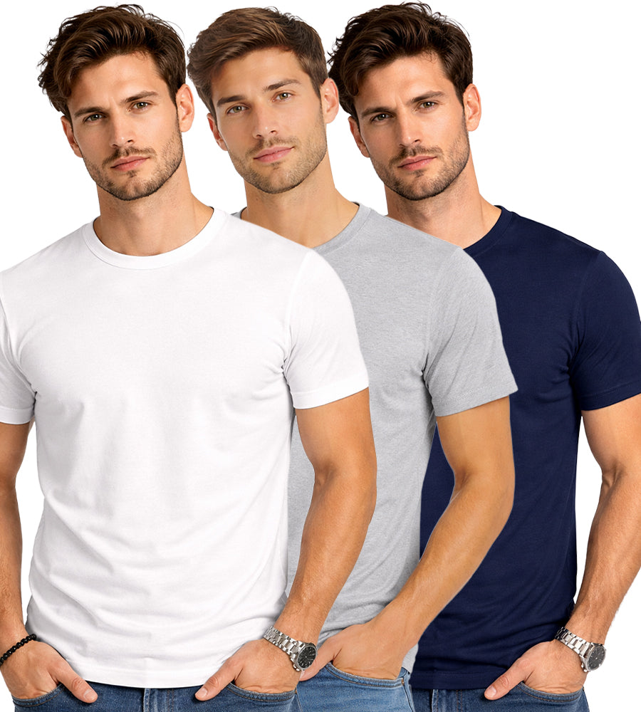White, Grey & Navy Blue Round Neck Plain T-shirt Pack of 3