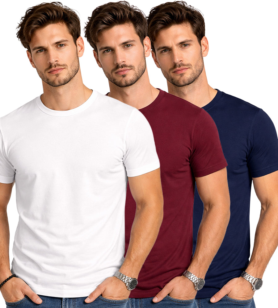 White, Maroon & Navy Blue Round Neck Plain T-shirt Pack of 3
