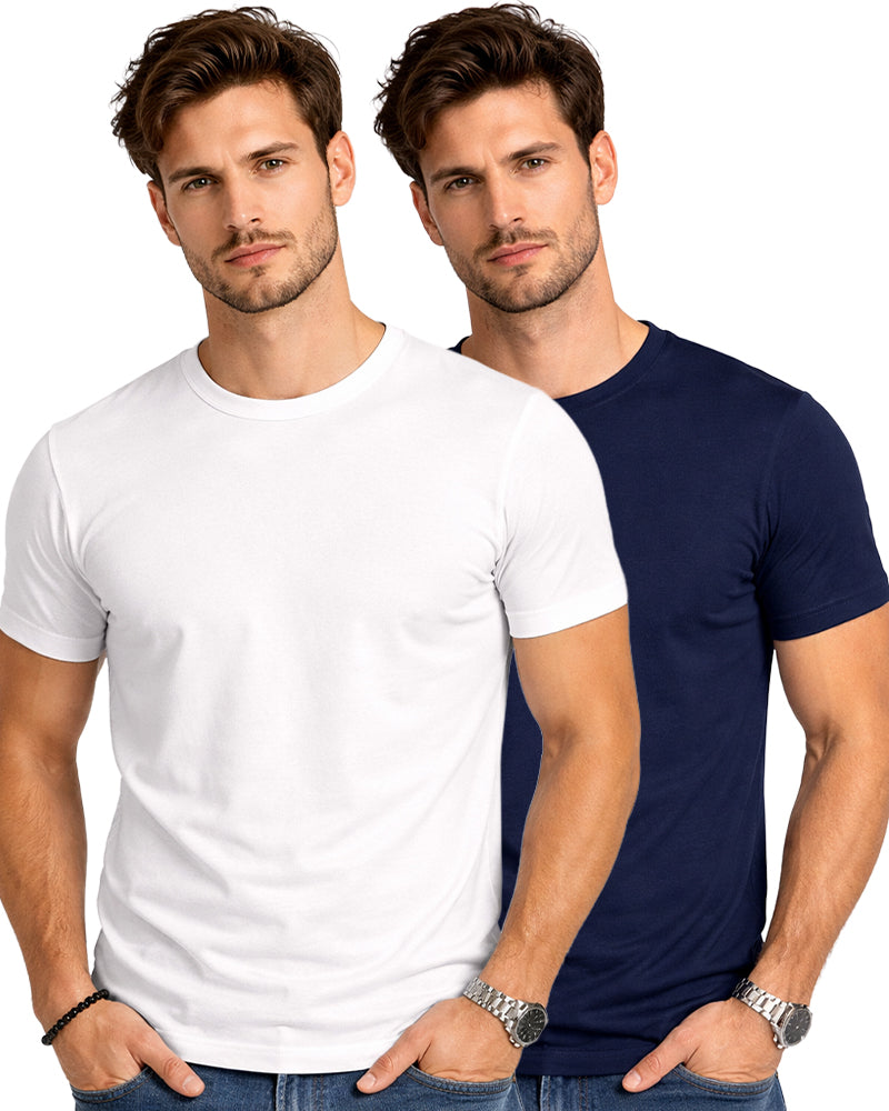 White & Navy Blue Round Neck Plain T-shirt Pack of 2