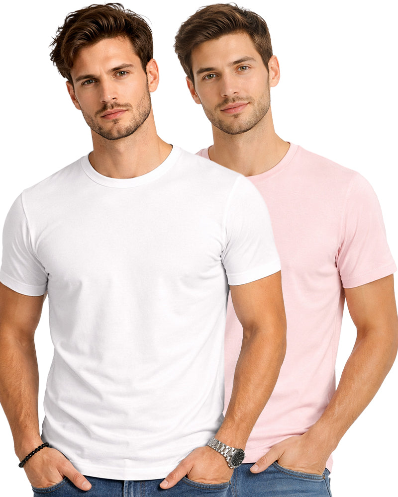White & Light Pink Round Neck Plain T-shirt Pack of 2