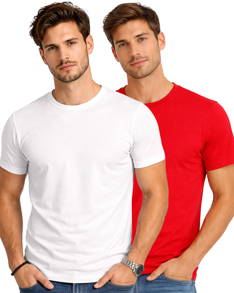 White & Red Round Neck Plain T-shirt Pack of 2