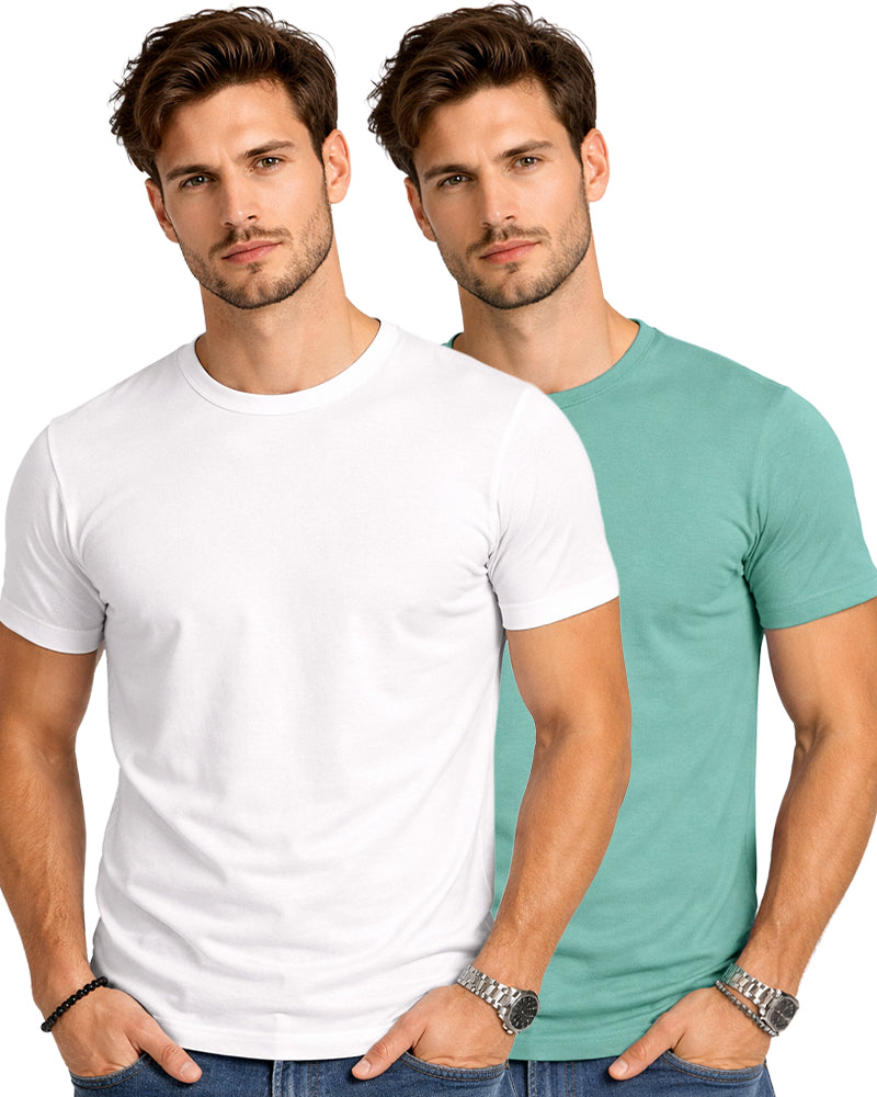 White & Sea Green Round Neck Plain T-shirt Pack of 2