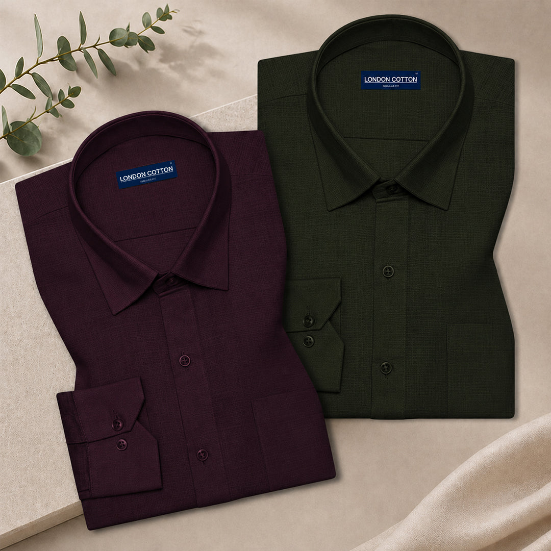 Pack of 2 Textured Linen Shirts (Wine & Bottle Green)