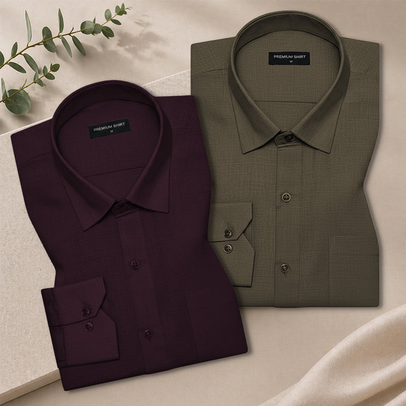 Pack of 2 Wine & Olive Textured Linen Shirt For Men