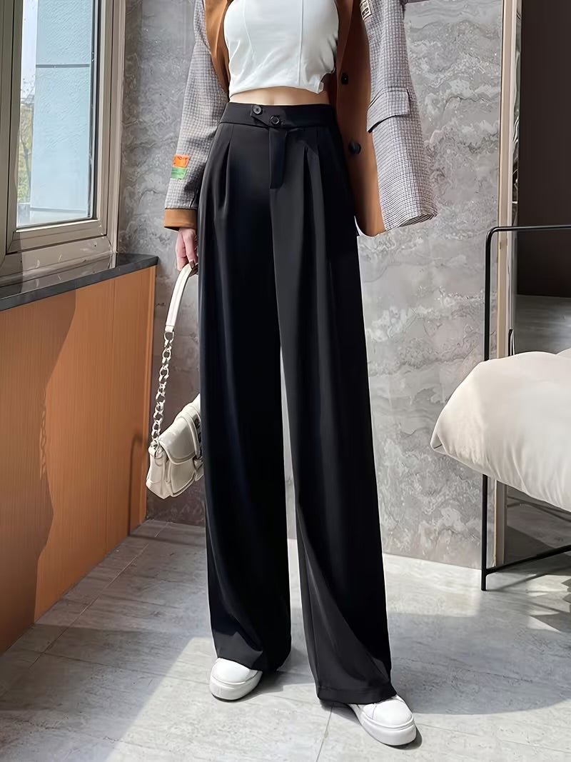 Black Tailored Button Highwaist Wide Leg Korean Pants