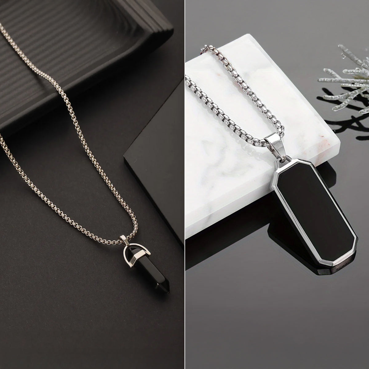 Mens Silver-Toned & Black Silver-Plated Necklace and Inlay Stainless Steel Pendant Necklace