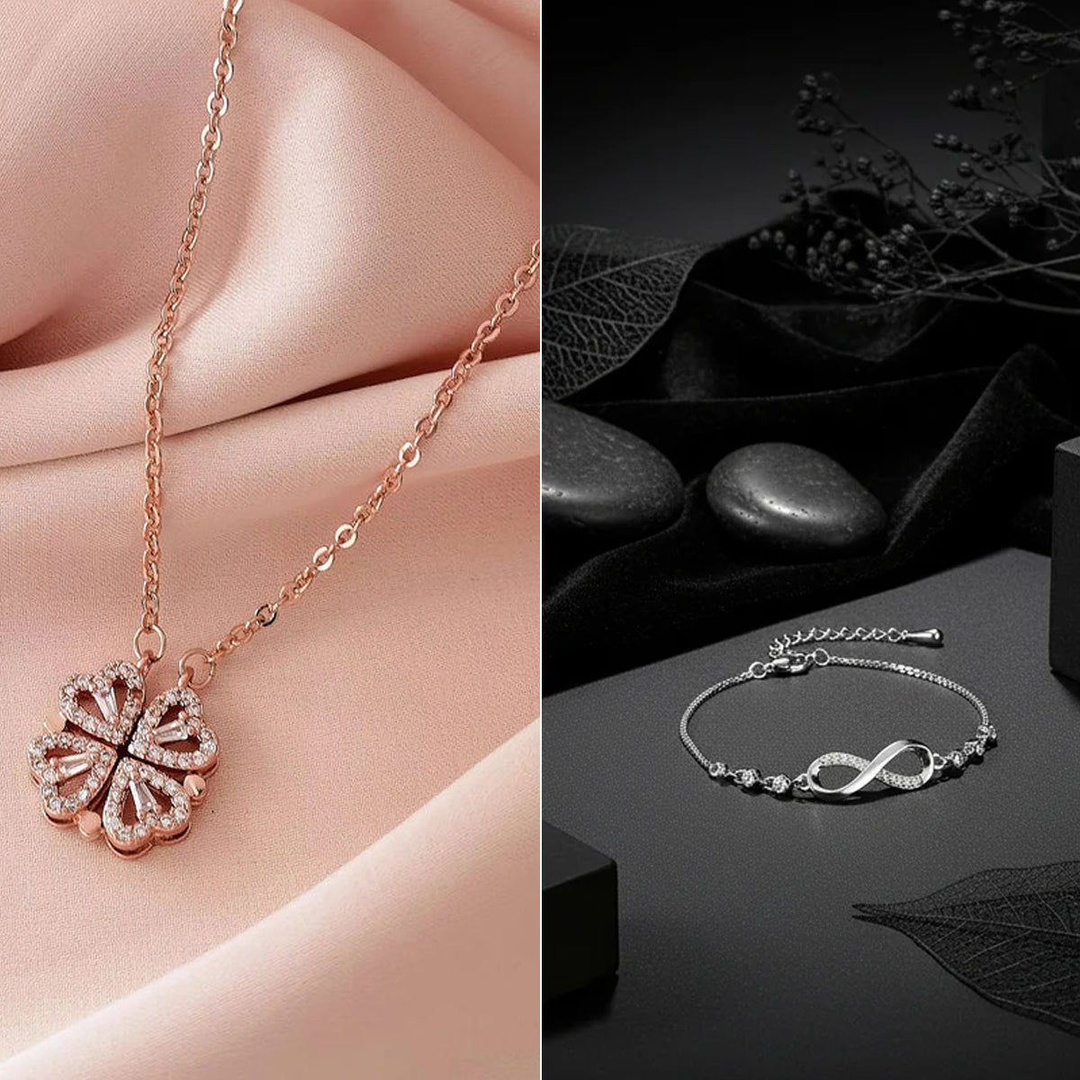 Set of Rose Gold Plated Heart Shaped Pendent Necklace & CZ Studded Infinity Adjustable Bracelet