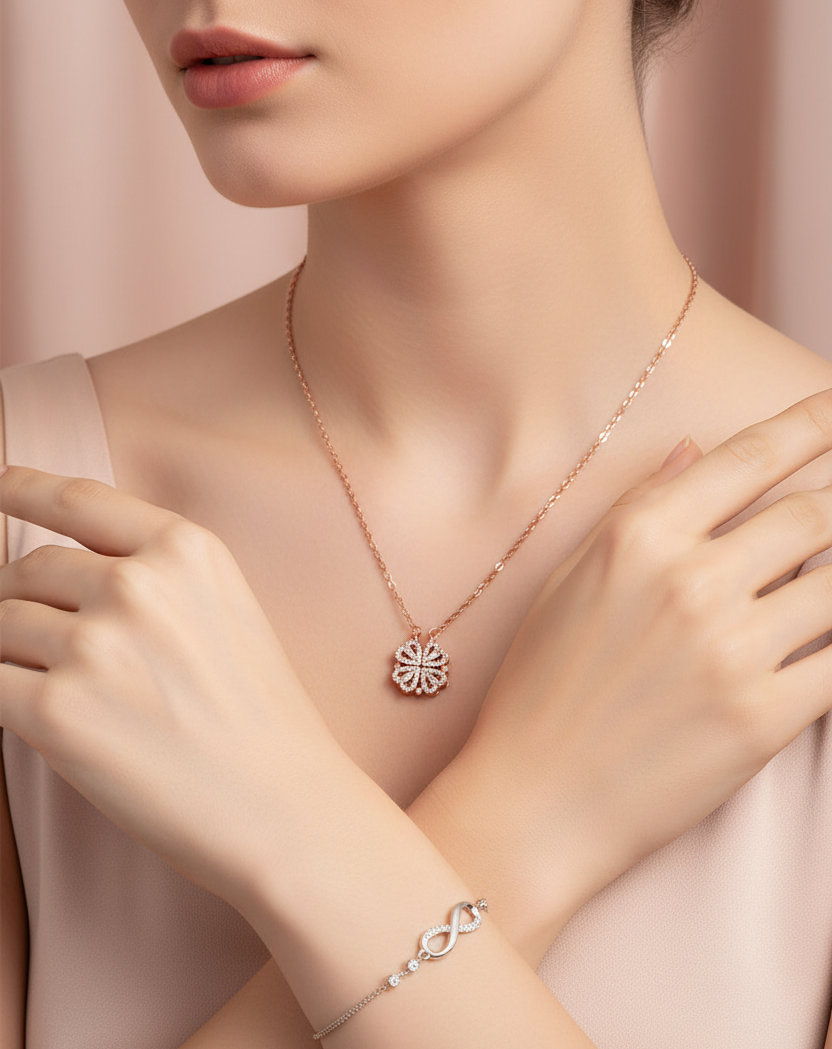 Set of Rose Gold Plated Heart Shaped Pendent Necklace & CZ Studded Infinity Adjustable Bracelet