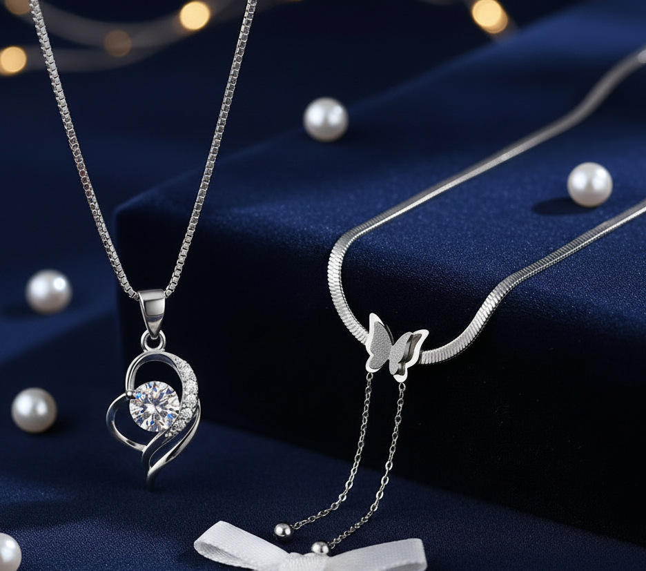 Jazz And Sizzle Set Of 2 Silver-Plated Butterfly Necklace & Heart-Shaped Zircon Pendant Necklace for Women
