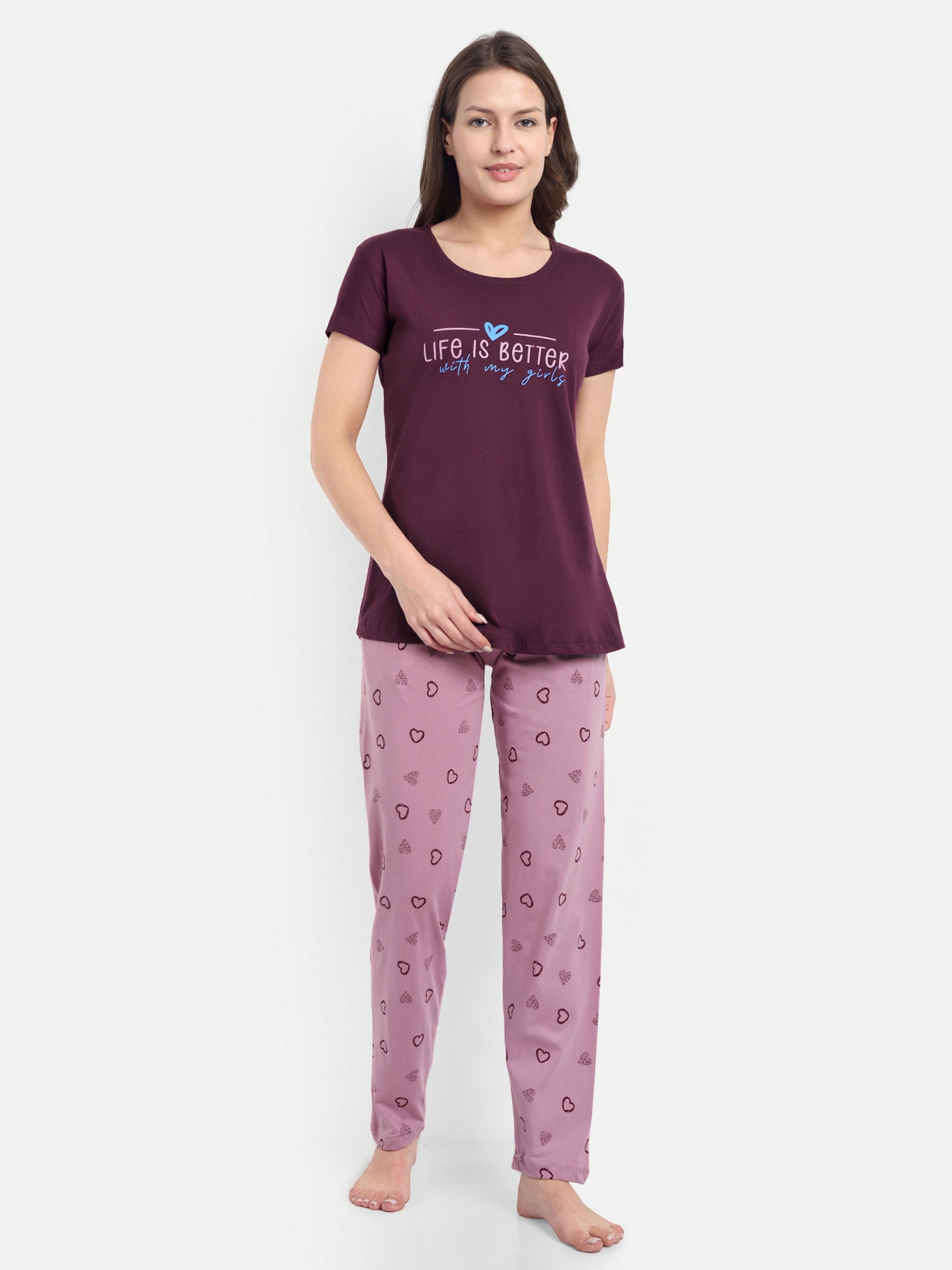 Women's Cotton Heart Printed Night Suit Set of T-shirt & Pyjama (15062b)