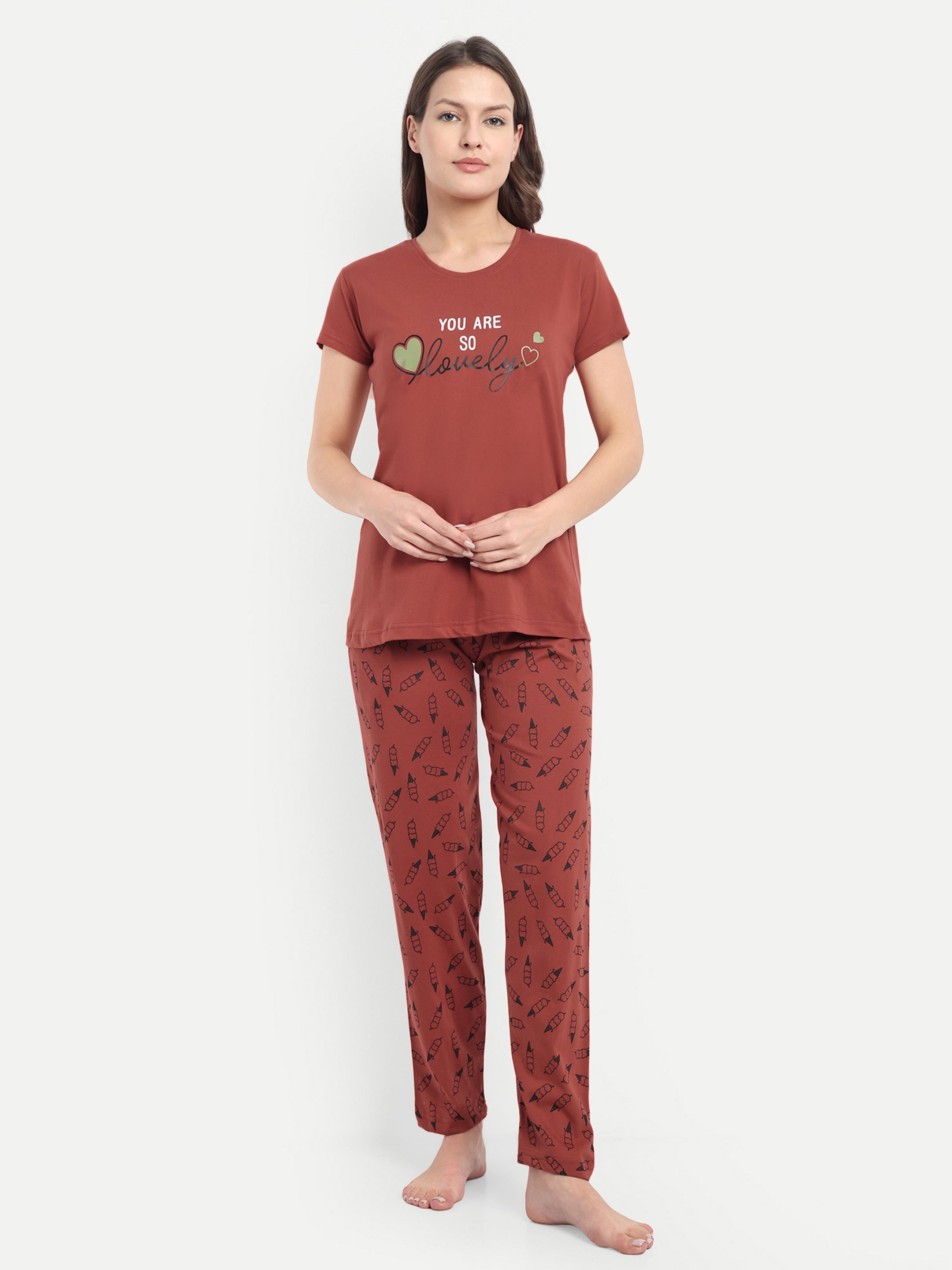 Women's Cotton Printed Night Suit Set of T-shirt & Pyjama (15028c)