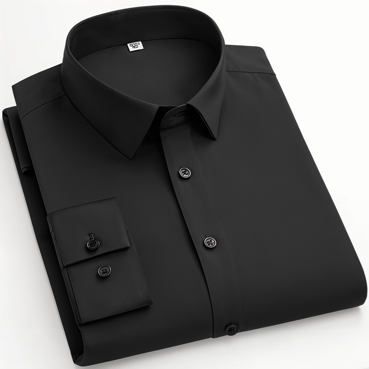 A black cotton blend shirt with a collar, button-up neck, and full sleeves laid out flat.