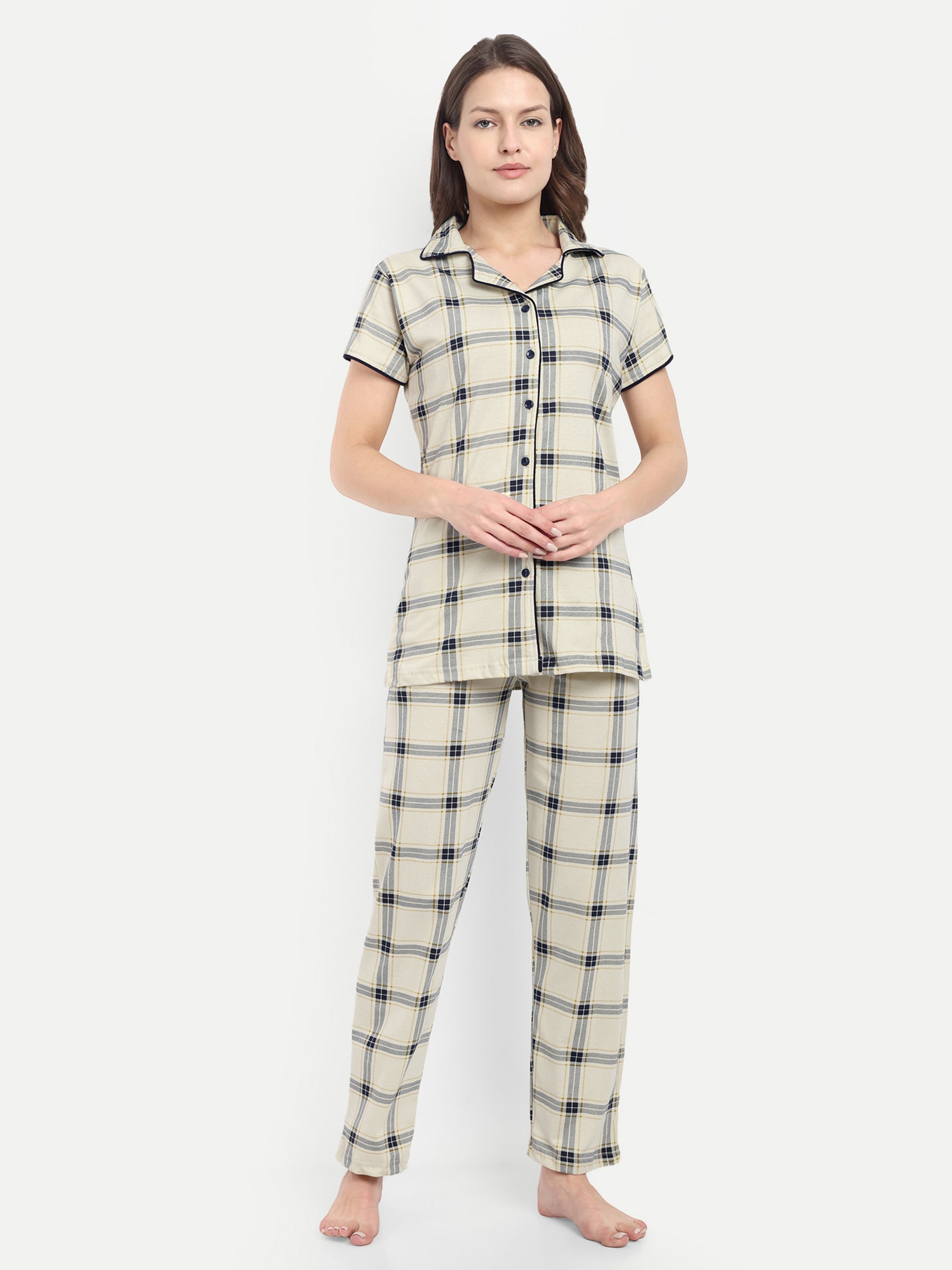 Women's Cotton Checked Night Suit Set of Shirt & Pyjama (2240b)