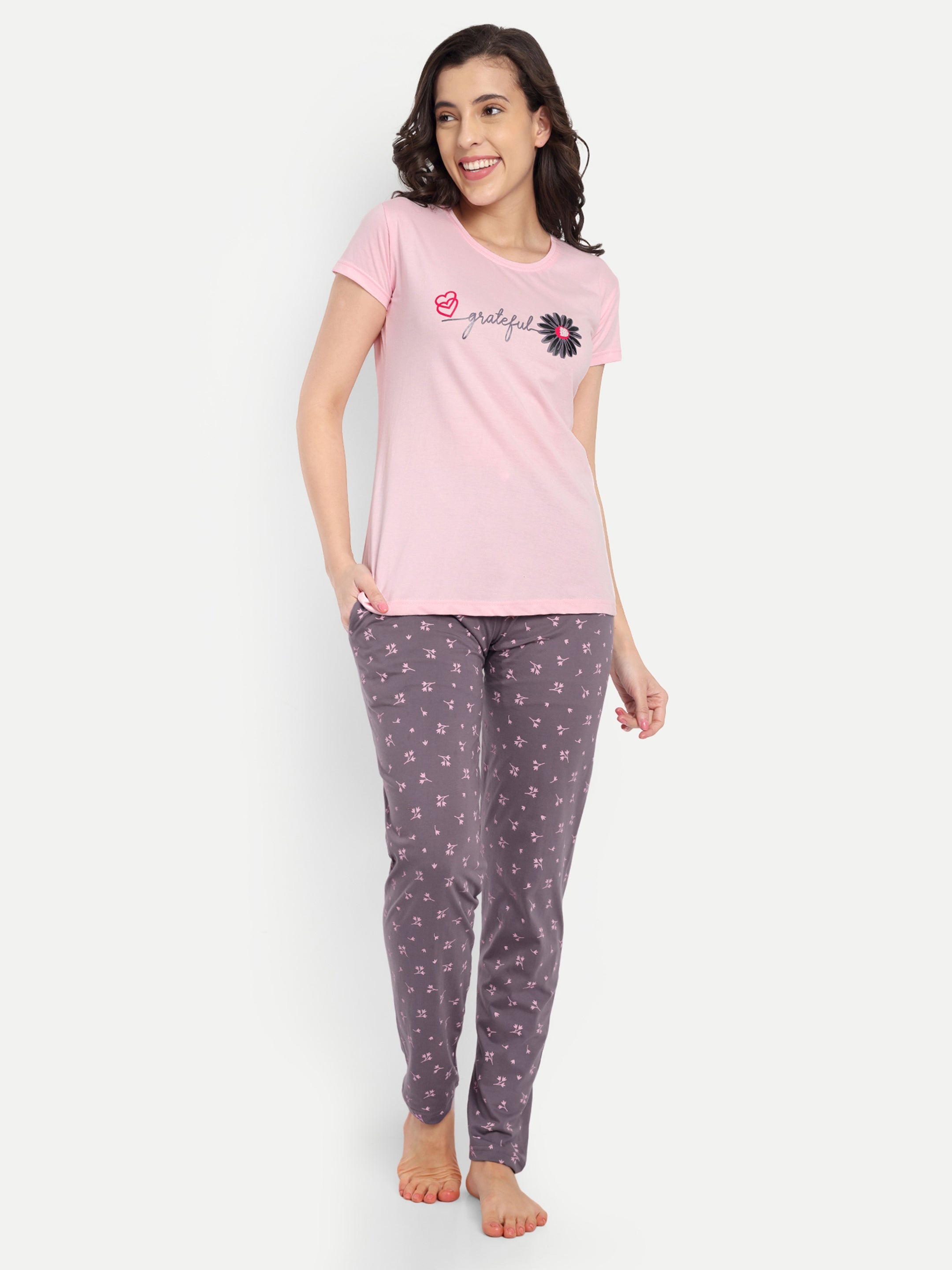 Women's Cotton Flower Printed Night Suit Set of T-shirt & Pyjama (15030b)