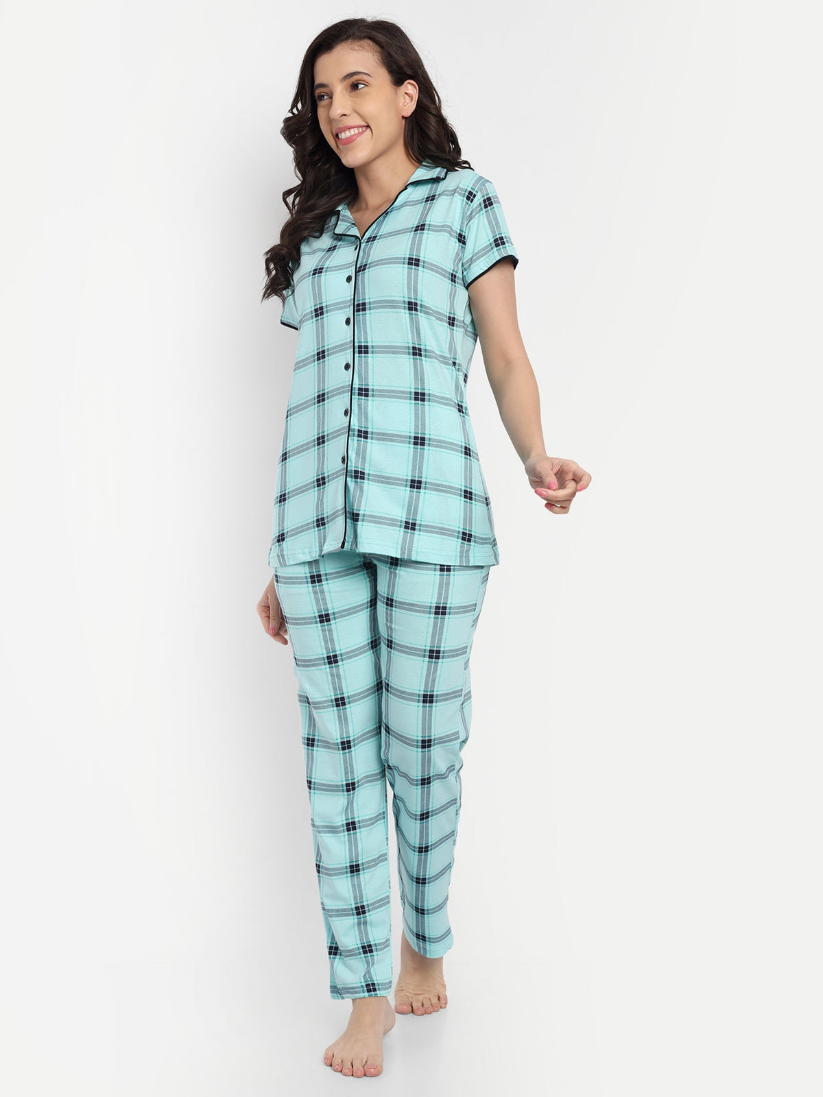 Women's Cotton Checked Night Suit Set of Shirt & Pyjama (2240c)