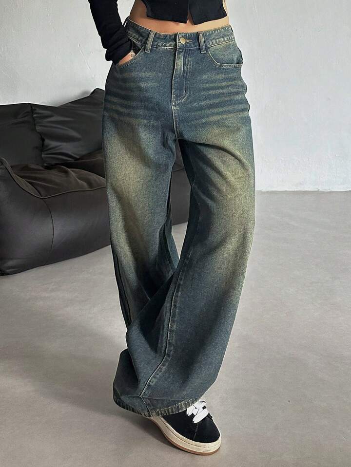 Greenish Vintage Whisker Wash High Waist Super Wide Leg Jeans