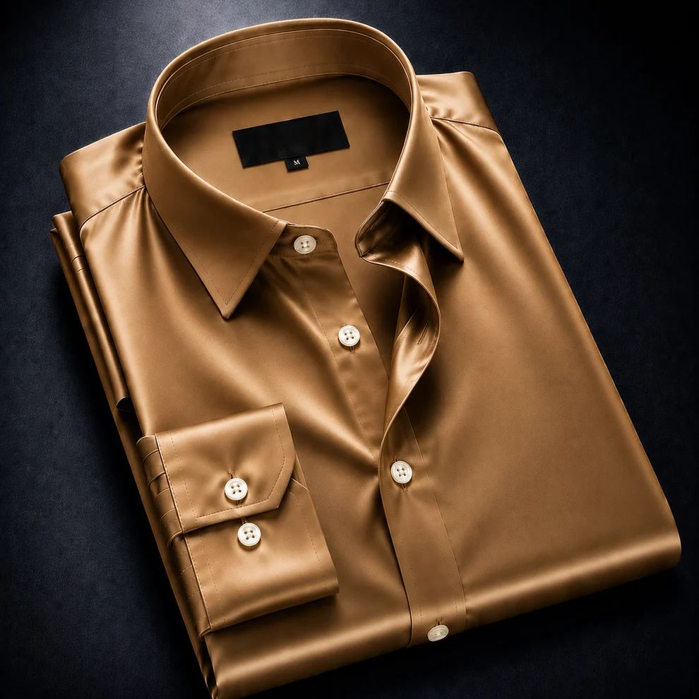 ZAVREN Noir Satin Shirt - Camel Brown