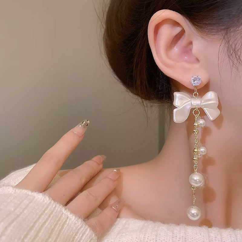 Trendy Women Vintage Earring Earrings Ear Ring Jewelry Alloy Bow Crystal Pearl Long Tassel Stud Earring