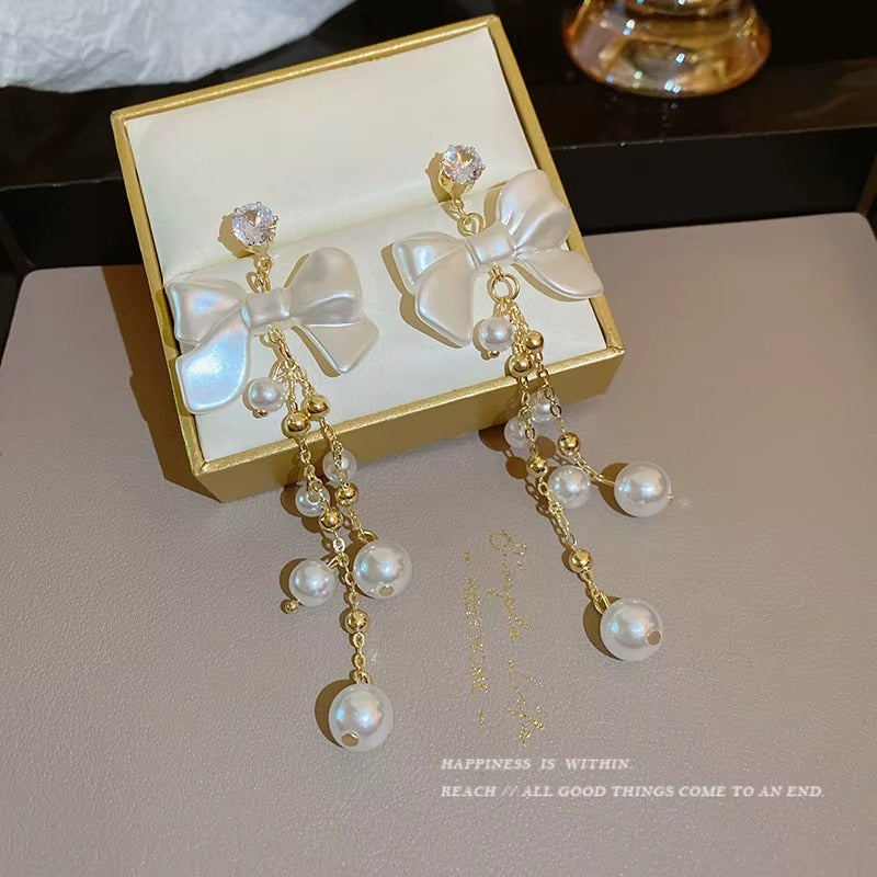 Trendy Women Vintage Earring Earrings Ear Ring Jewelry Alloy Bow Crystal Pearl Long Tassel Stud Earring