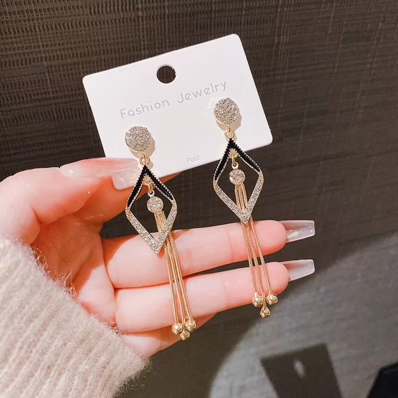 Gold-Toned Black Enamel Crystal Tassel Drop Earrings