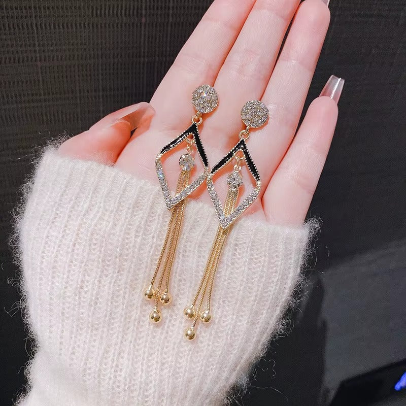 Gold-Toned Black Enamel Crystal Tassel Drop Earrings