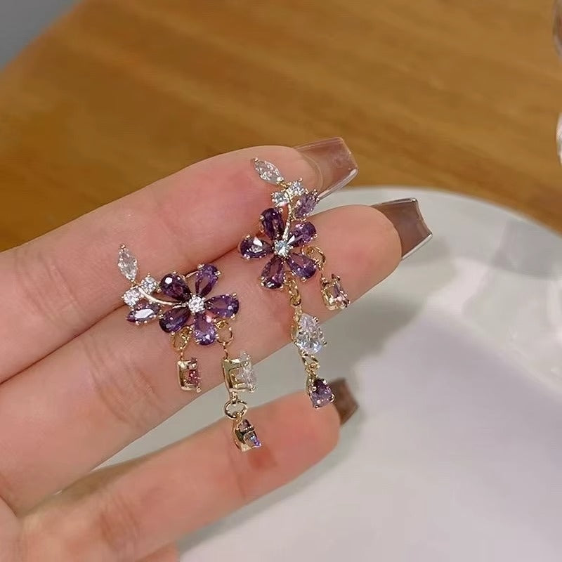 Purple Flower Zircon Tassel Drop Earrings Women's Alloy Gold Plated
