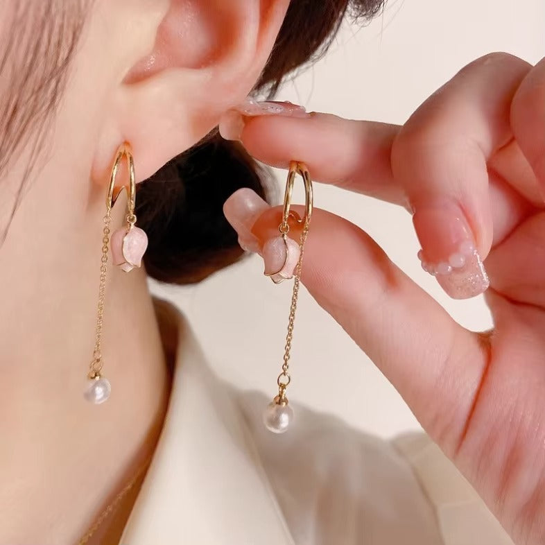 New Fashion Long Fringe Tulip Flower Earrings Jewelry Earrings for Women Temperament Pearl Light