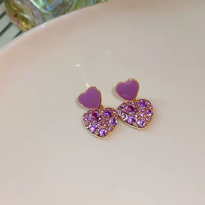 Gold Plated Purple Crystal Heart Stud Earring