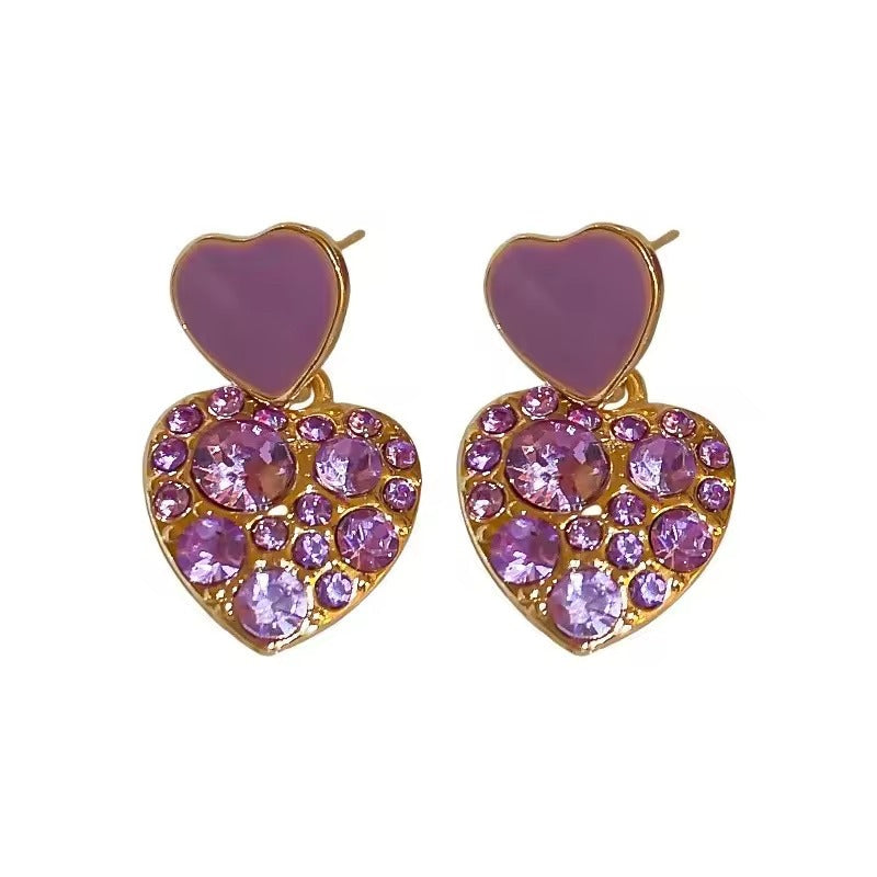 Gold Plated Purple Crystal Heart Stud Earring