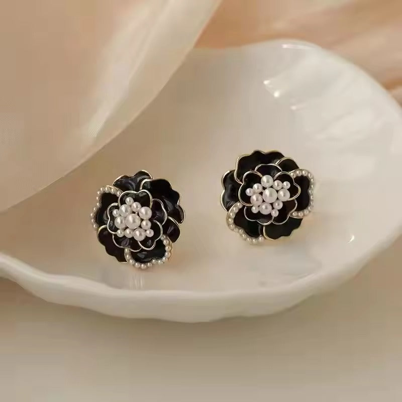Needle Fashion Korean Earrings Camellia Flower Drop Earrings Enamel Pearl Stud Earrings