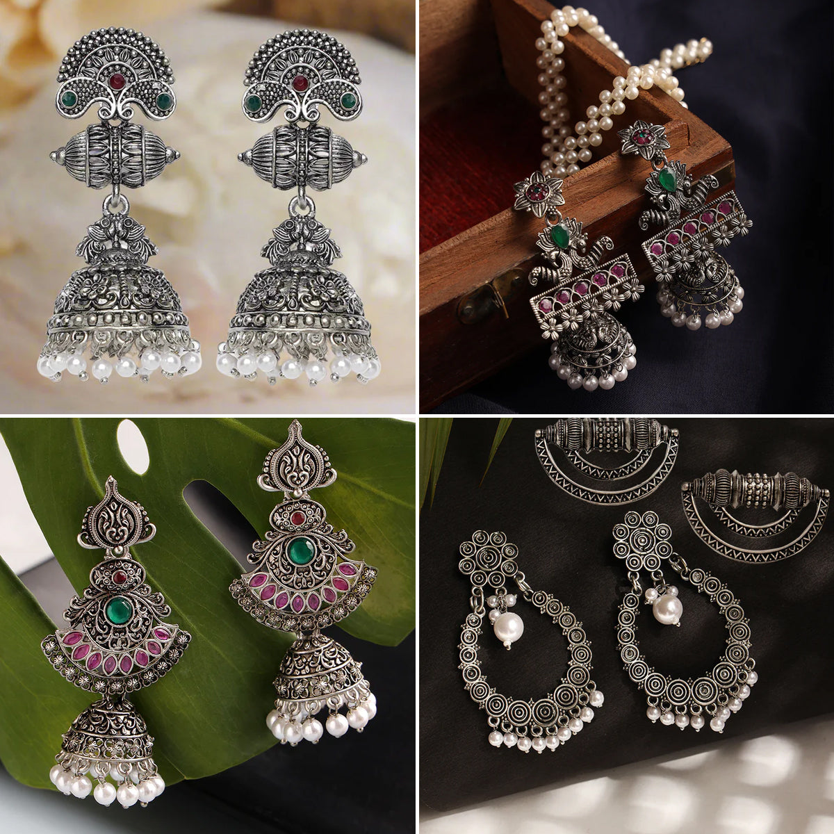 Jazz And Sizzle Set Of 5 Oxidized Floral & Dome Shaped Jhumka, Stud & Drop Earrings Combo