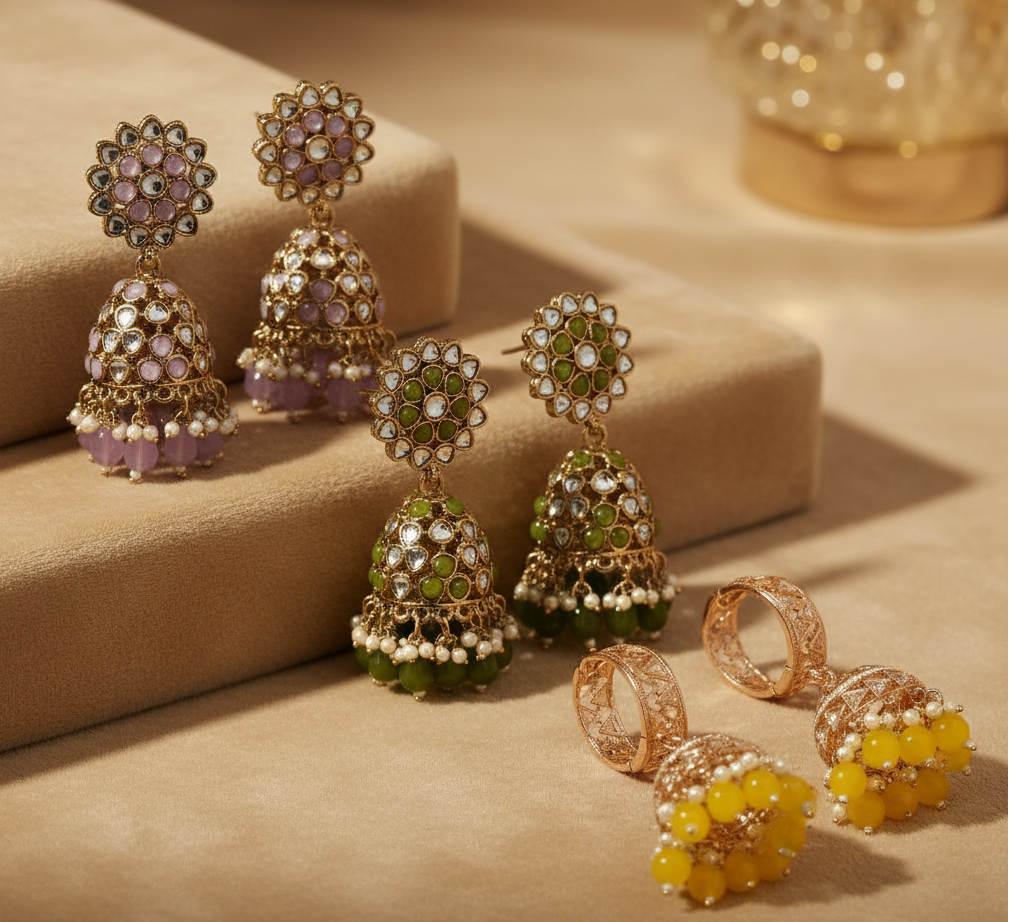 Jazz And SIzzle Set of 3 Kundam Studded Multicolor Jhumka Earrings for Festive Elegance