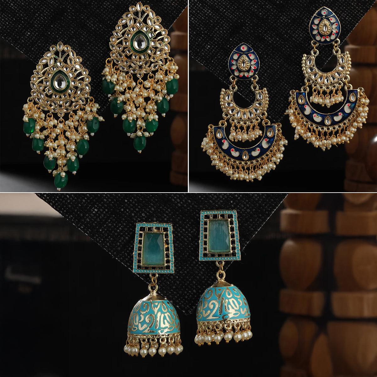 Jazz And Sizzle Set Of 3 Gold Plated Green ,White & Blue Pearl Chandbali Earring Set Combo for Women