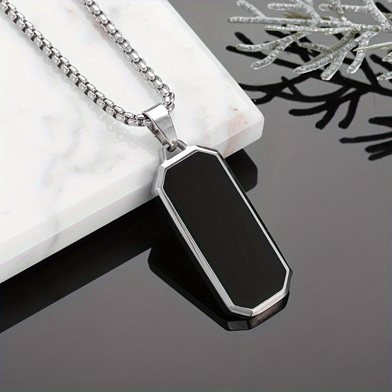 Mens Silver-Toned & Black Silver-Plated Necklace and Inlay Stainless Steel Pendant Necklace