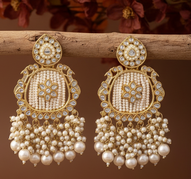 Jazz and Sizzle White Kundan Stone Studded & Pearl Beaded Chandbali Earring