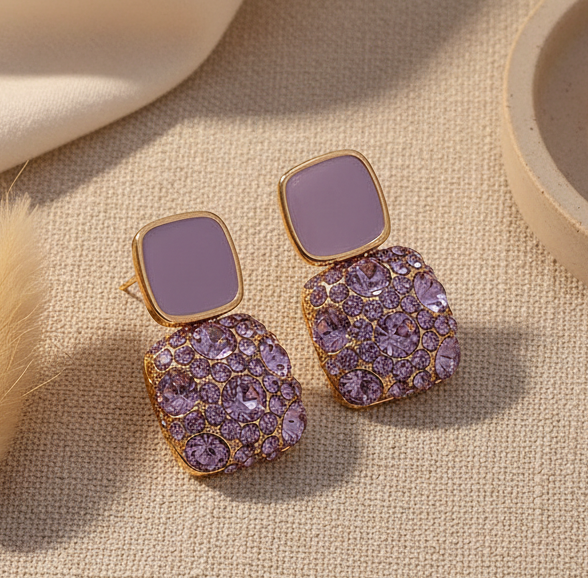 Jazz And Sizzle Elegant Gold-Tone Purple Rhinestones Stud Earrings