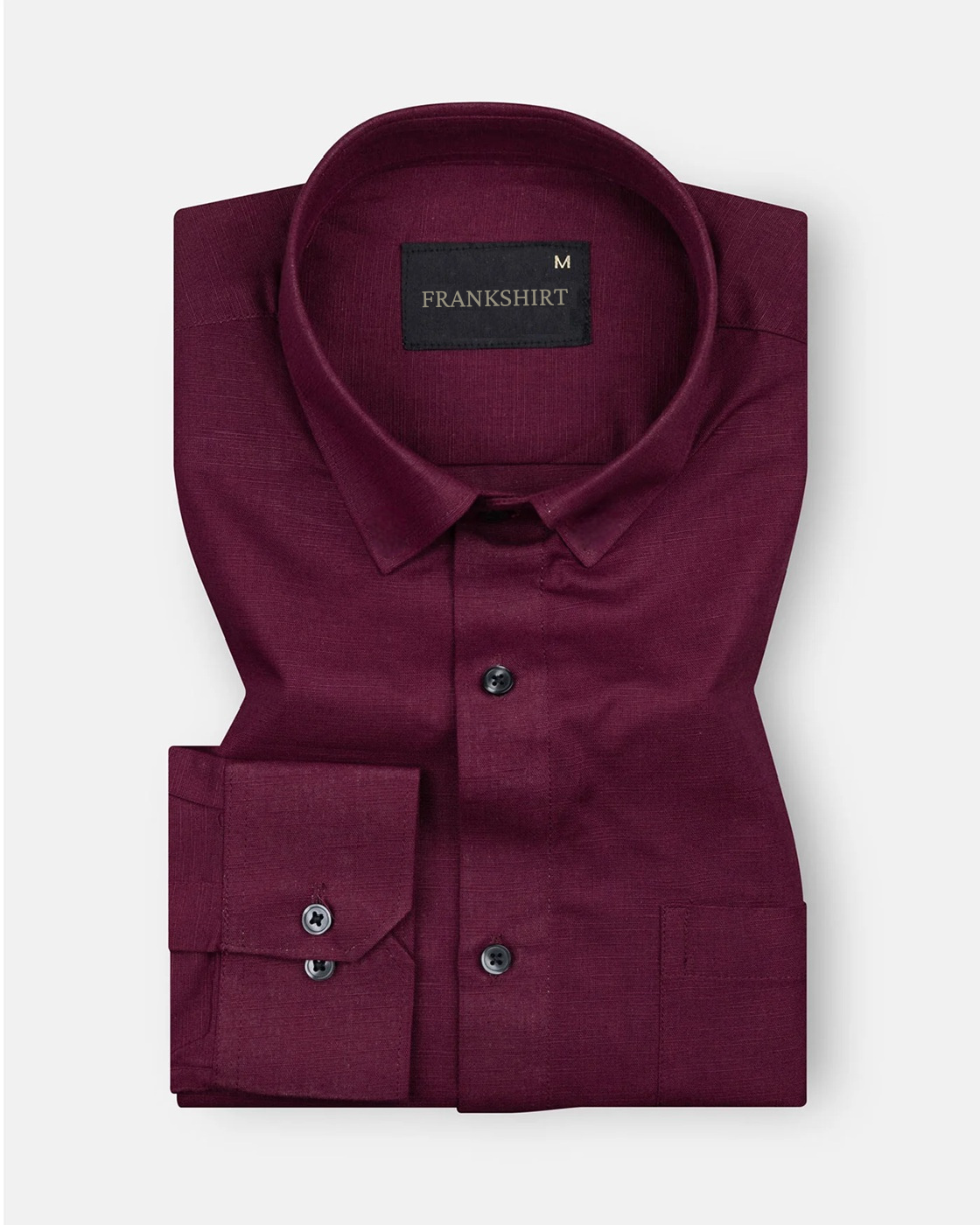A maroon colored, long-sleeved, button-down linen shirt by Frankish.