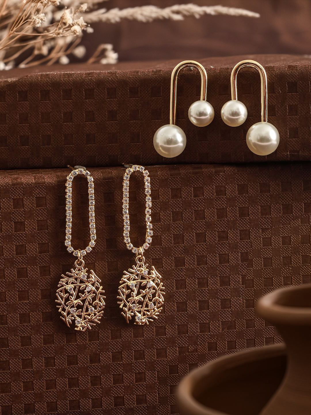 Set Of 2 Gold-Plated & Pearl Beaded Contemporary Drop Earrings