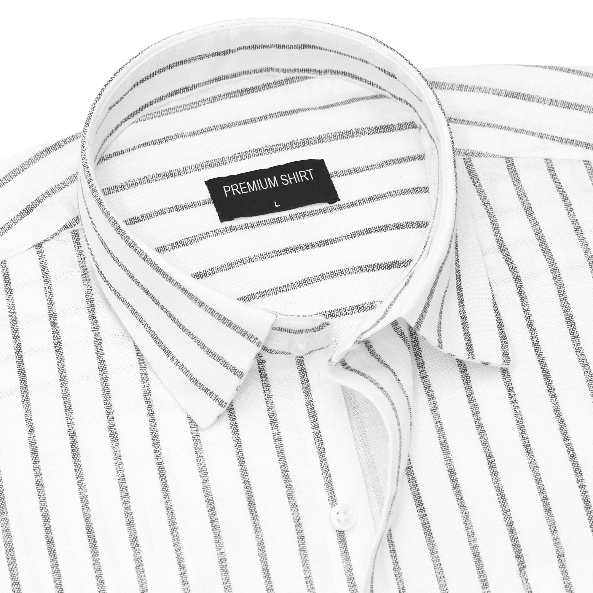 White shirt with black stripes and a 'Premium Shirt' label on a white background