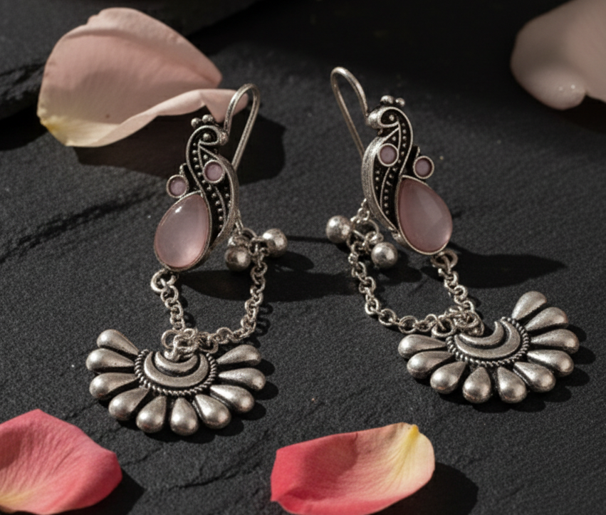 Jazz And Sizzle Silver Plated Artificial Pink Stone Studded & Beaded Peacock Ear Cuff