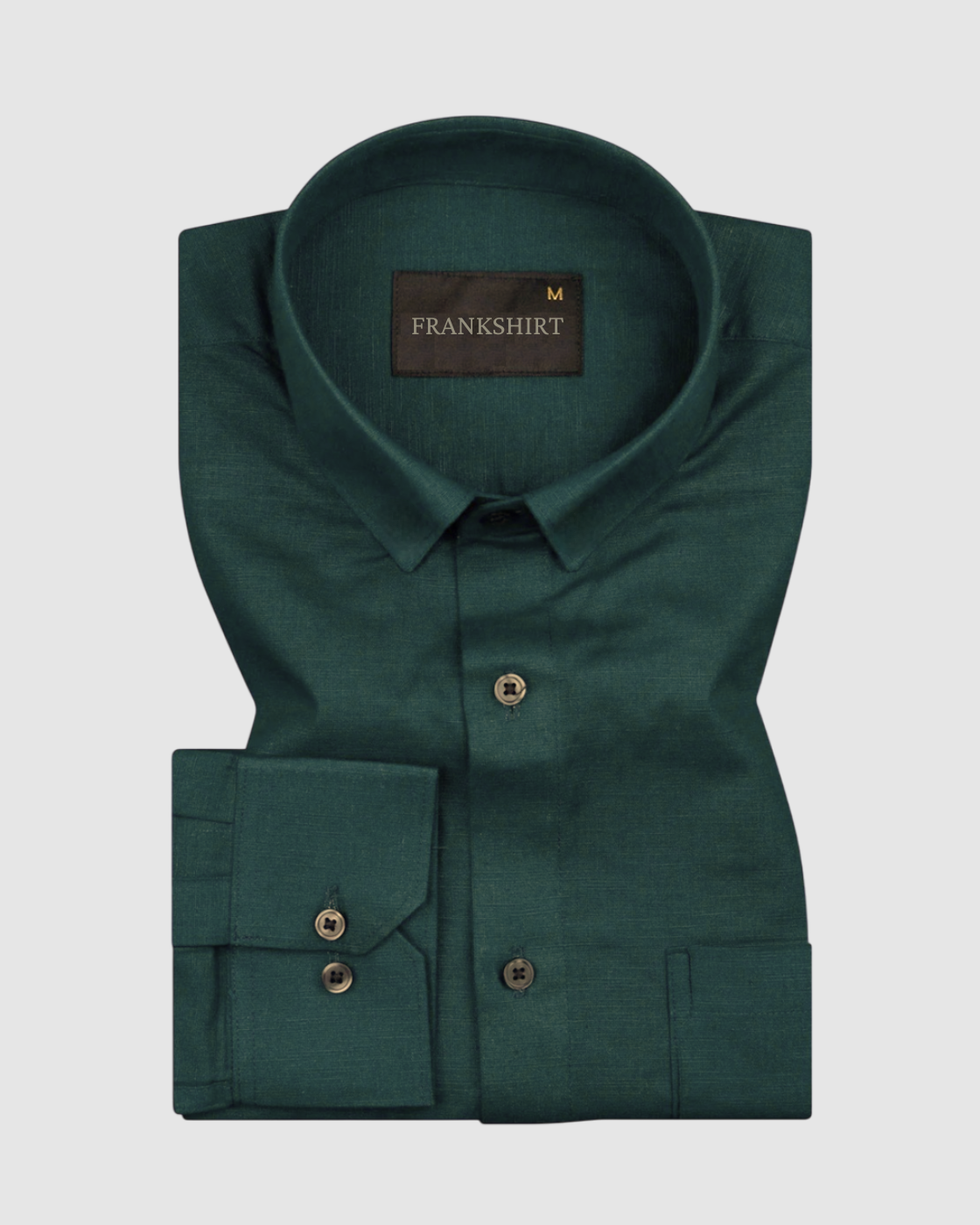 A bottle green linen shirt with a button-down collar, button-up front, and long sleeves, laid flat on a plain background.
