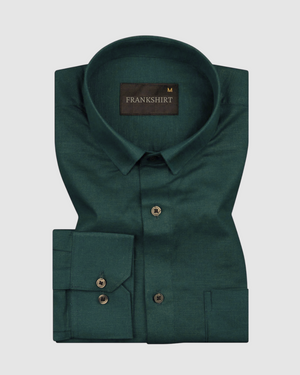 A bottle green linen shirt with a button-down collar, button-up front, and long sleeves, laid flat on a plain background.