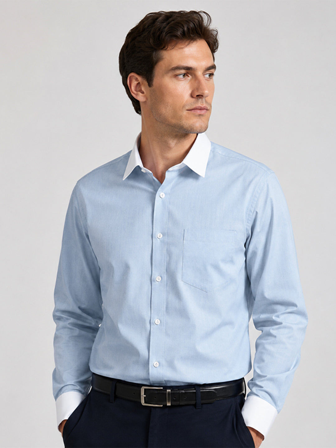 White Collar Sky Blue Oxford Cotton Shirt For Men
