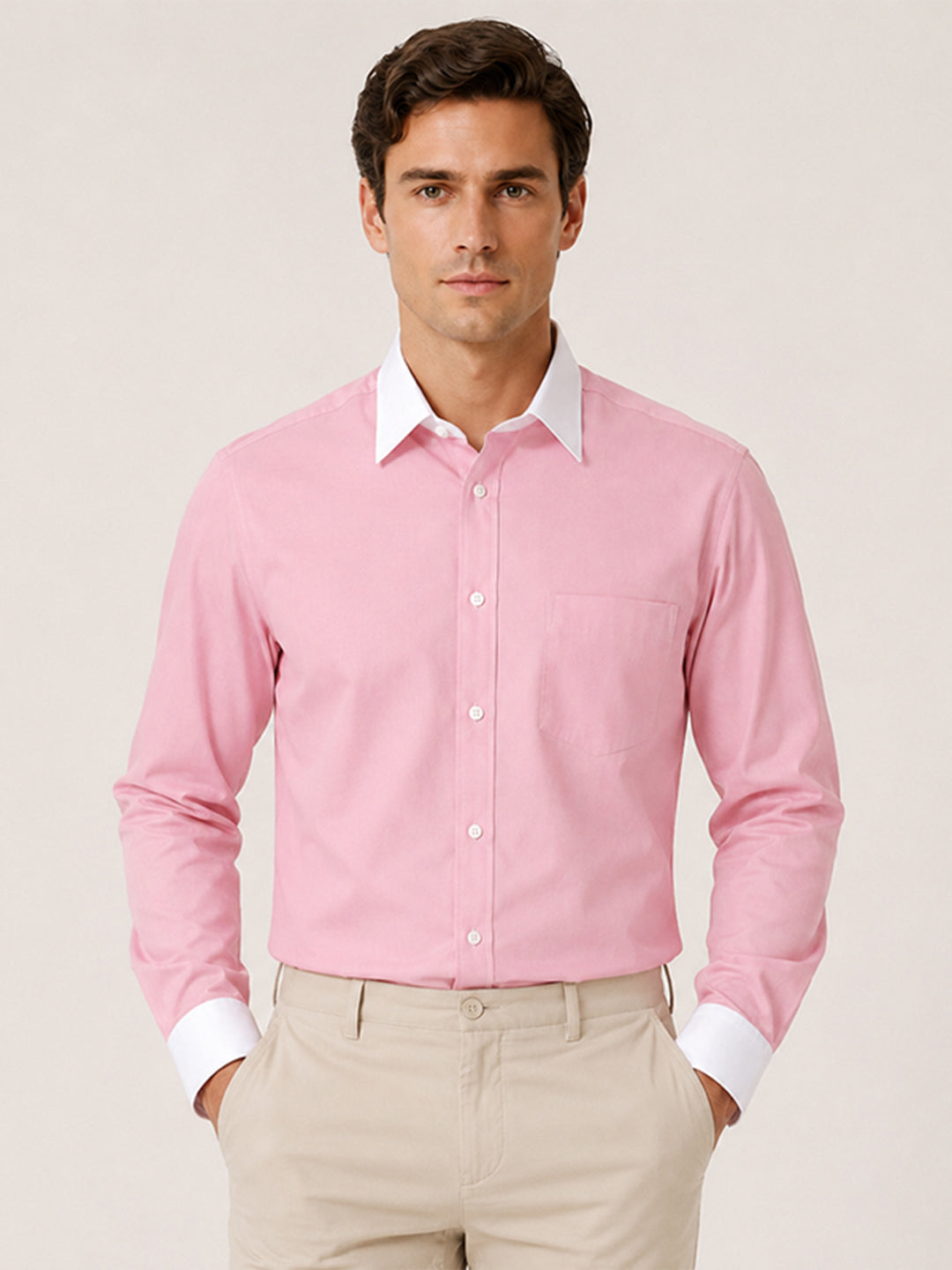White Collar Pink Oxford Cotton Shirt For Men