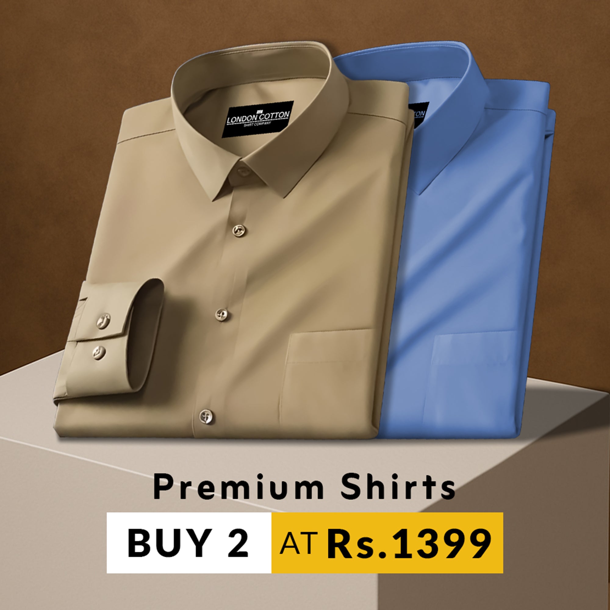 Two folded shirts, one beige and one blue, on a brown background with promotional text.
