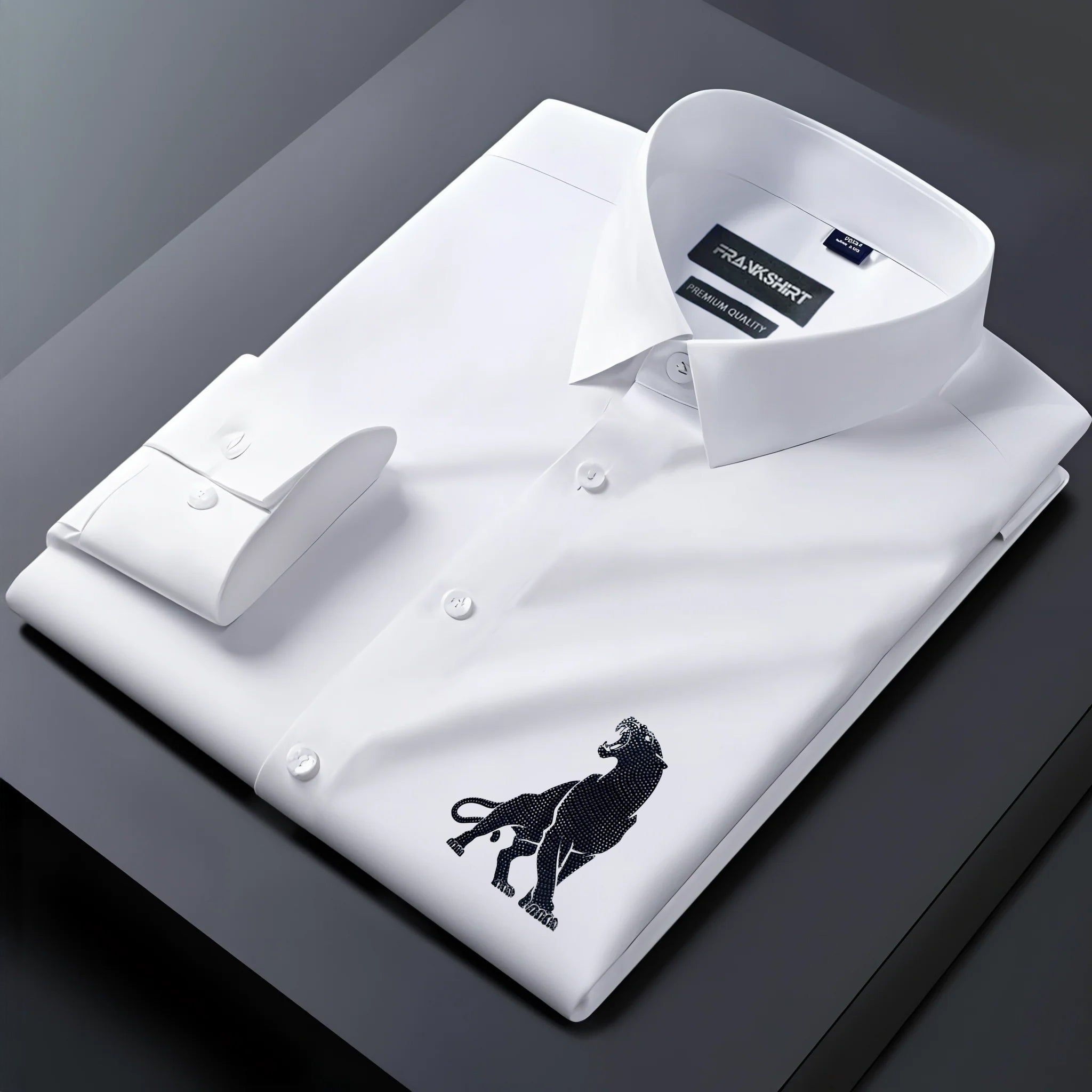 White dress shirt with a black lion emblem on a dark gray background