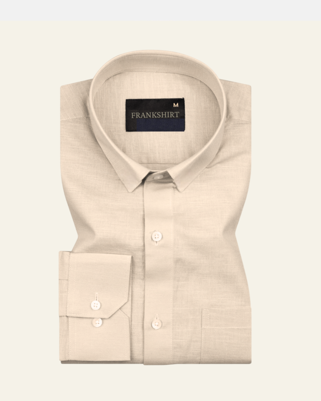 A cream-colored, long-sleeved linen shirt with a button-down collar, displayed against a white background.